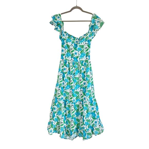 VICTORIA DUNN BLUE & GREEN FLORAL BACKLESS MIDI DRESS - Picture 1 of 5